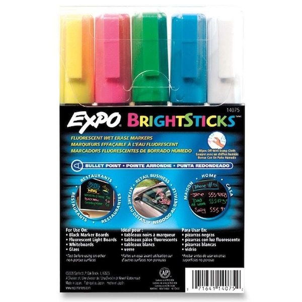 Fluorescent Markers, 5Color Set, Bullet Tip, PK/BE/WE/YW/GN PK